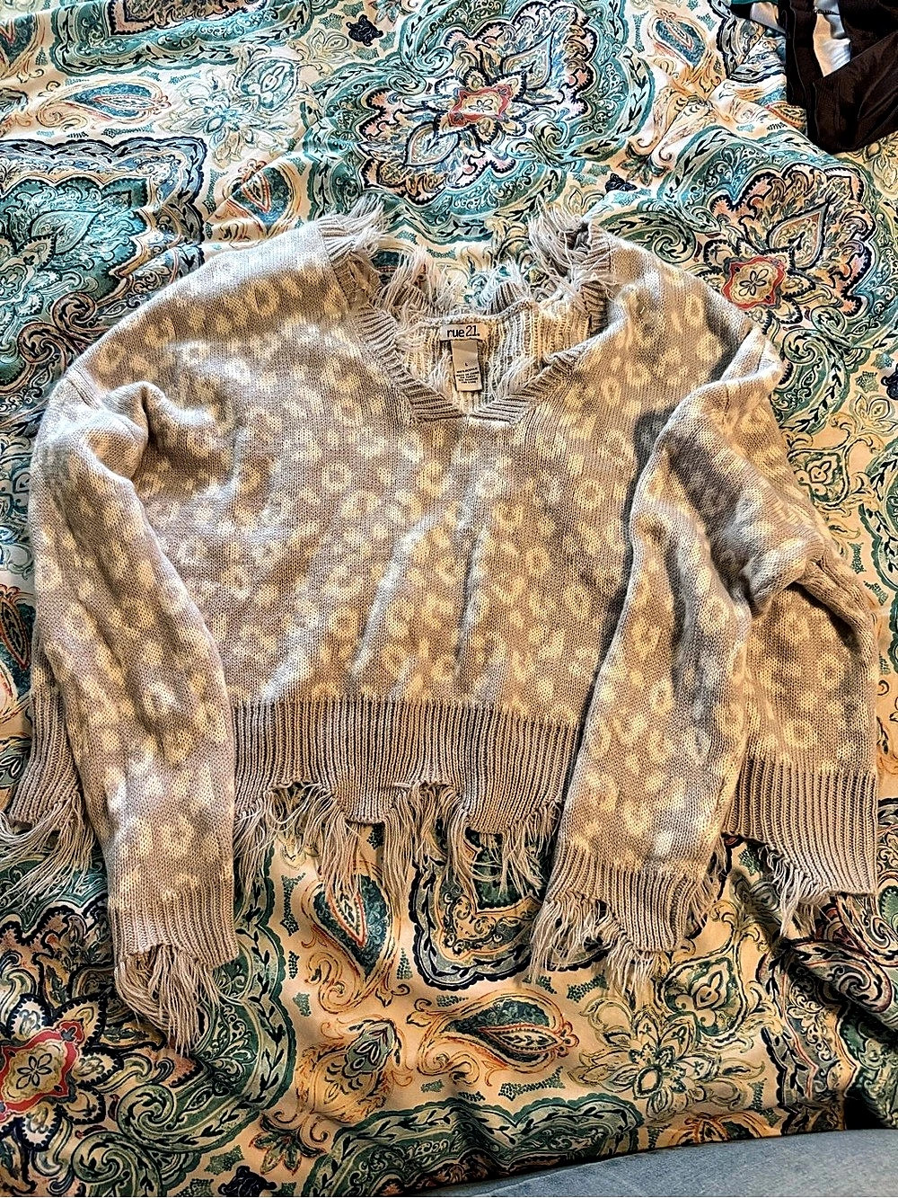 rue21 Leopard Print Fringed Distressed Sweater